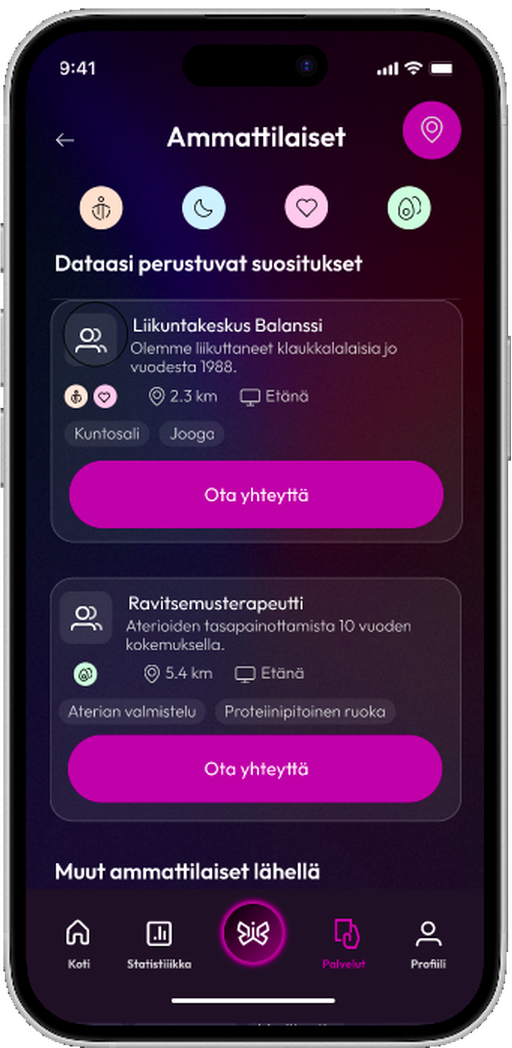 Ammattilaiset käyttäjän datan perusteella